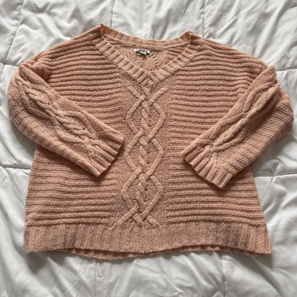 American Eagle Sweater Oversized Womens Medium V Neck Knit Pink Wool Blend